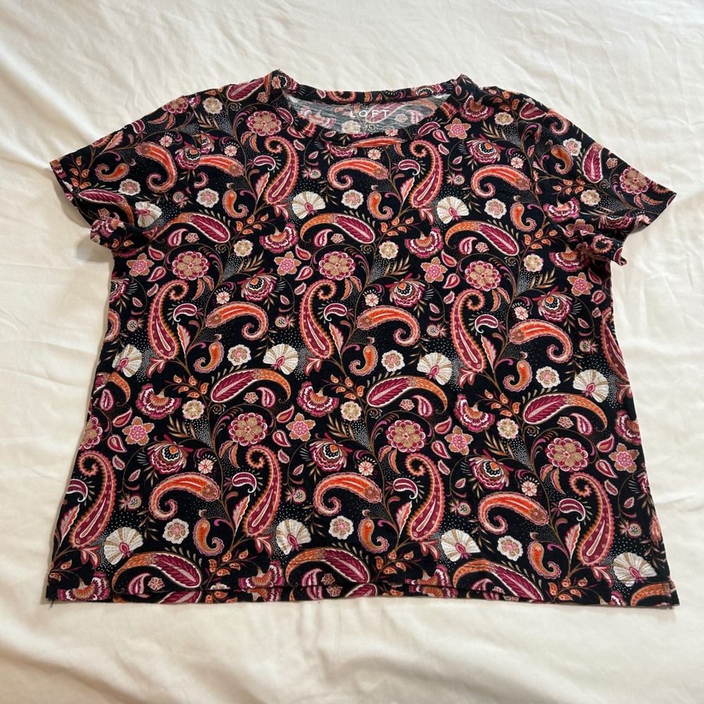 LOFT Womens XL Black Paisley Floral Cotton Short Sleeve Crew Neck T-Shirt Top